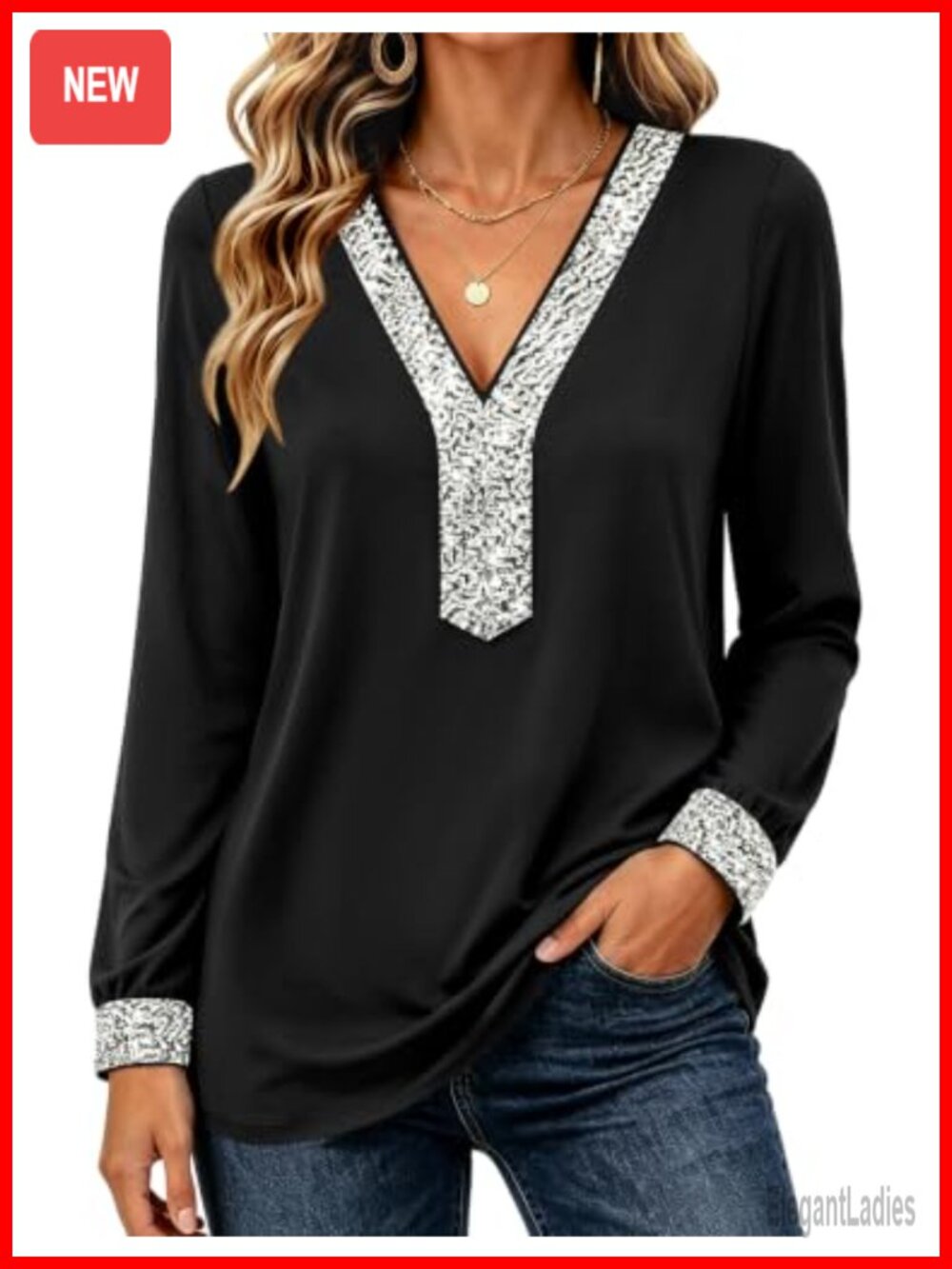 Sequin V Neck Long Sleeve Tunic Dressy Casual Sparkly Top